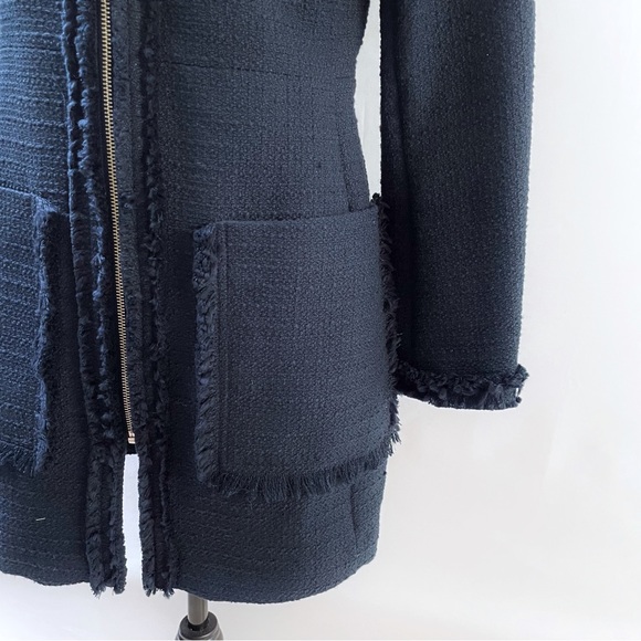 NWT H&M Navy Tweed Coat Jacket Size XS – Long Fringe Trim Zip Front Blazer - Picture 5 of 10